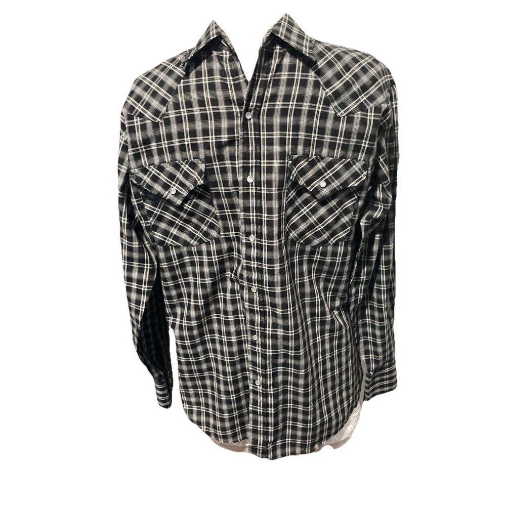 Ely Cattleman Western Shirt M Black White Plaid Pearl Snap Long Sleeve Cowboy